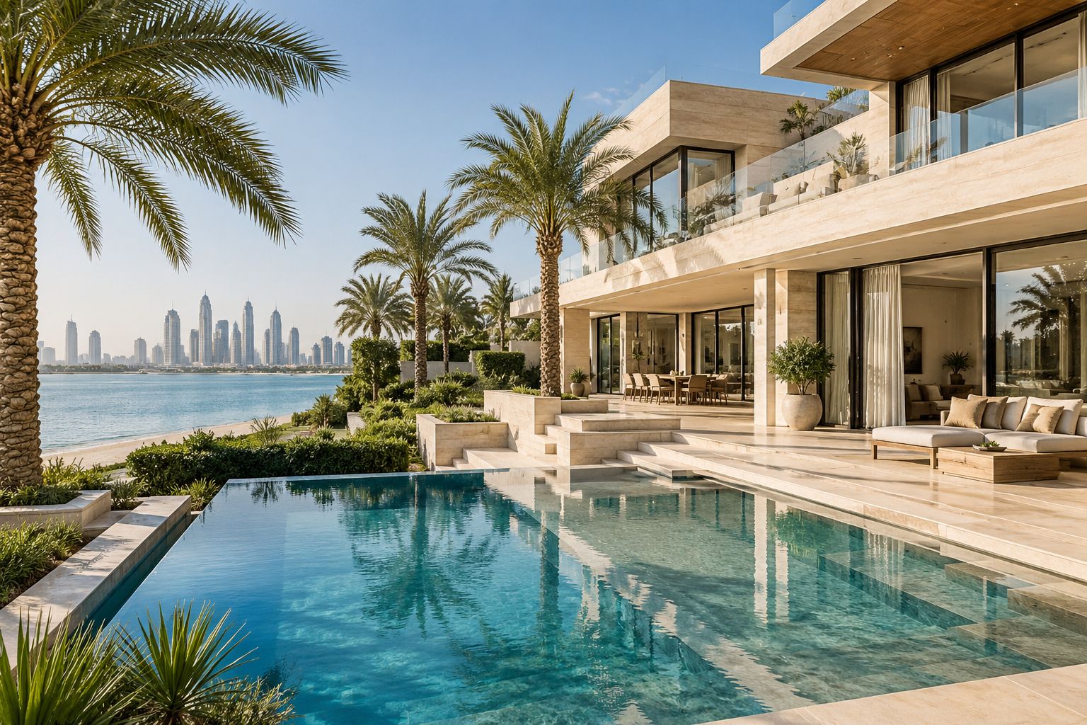 Contemporary waterfront residences with sunlit terraces and palm trees